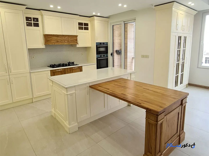 نمونه کار   کابینت نئوکلاسیک سفیدمات وگردویی طرح چوب