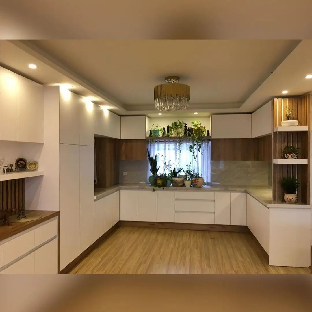 نمونه کار   کابینت آشپزخانه کابینت مدرن سفیدگردویی طرح چوب بادستگیره مخفی شیک وساده