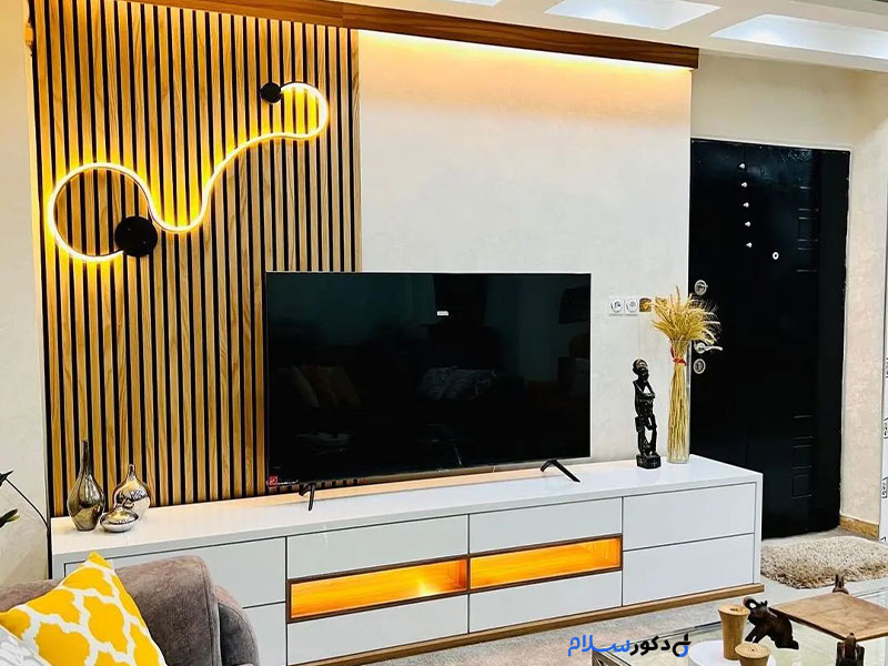 نمونه کار   میز تی وی تی وال ترمو سفید و گردویی طرح چوب